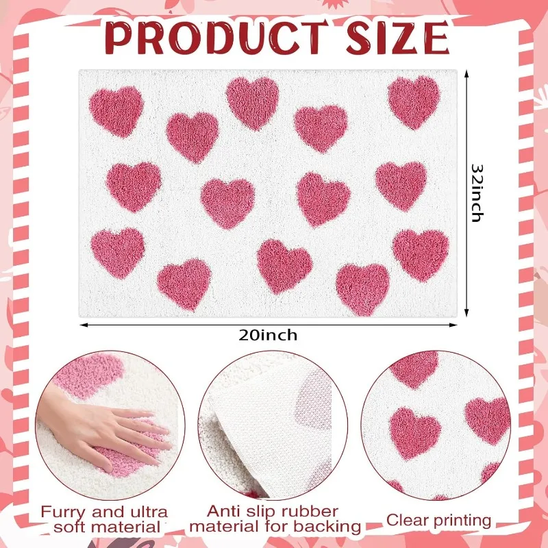 Keset Kamar Mandi Bentuk Hati 20x32 Inci Warna Pink Anti Selip Penyerap Air Dapat Dicuci untuk Dekorasi Rumah Kamar Mandi Hari Valentine