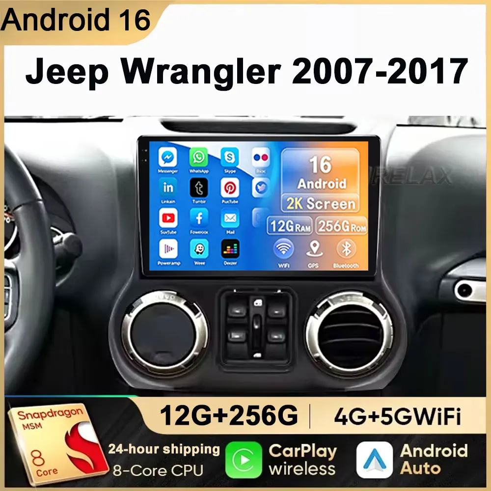 Android 16 Car Radio For Jeep Wrangler 3 JK 2007-2018 Navigation Video Radio Auto Multimedia Wireless Carplay Sony Cam DSP RSD