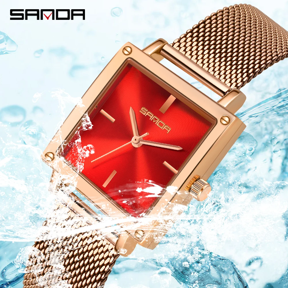 SANDA Women Square Sport Watches Fashion Leather Strap Analog Quartz Wristwatch Big Dial Vintage Elegant Ladies Watch Reloj Muje