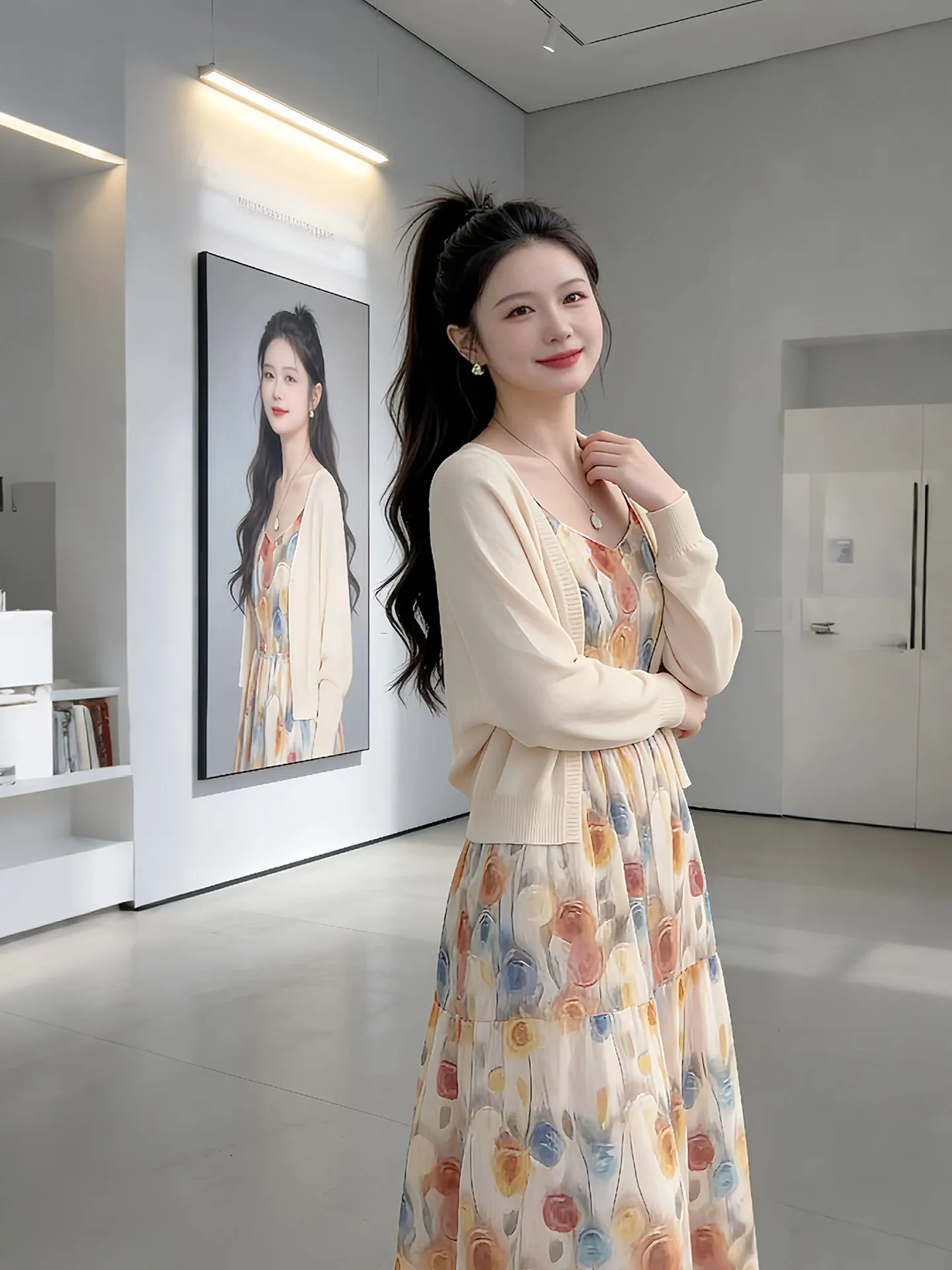 

Unique Knitted Summer Dress Set for Women Beautiful Floral Print Long Sleeve round Neckline High Waist Two-Piece Outfit