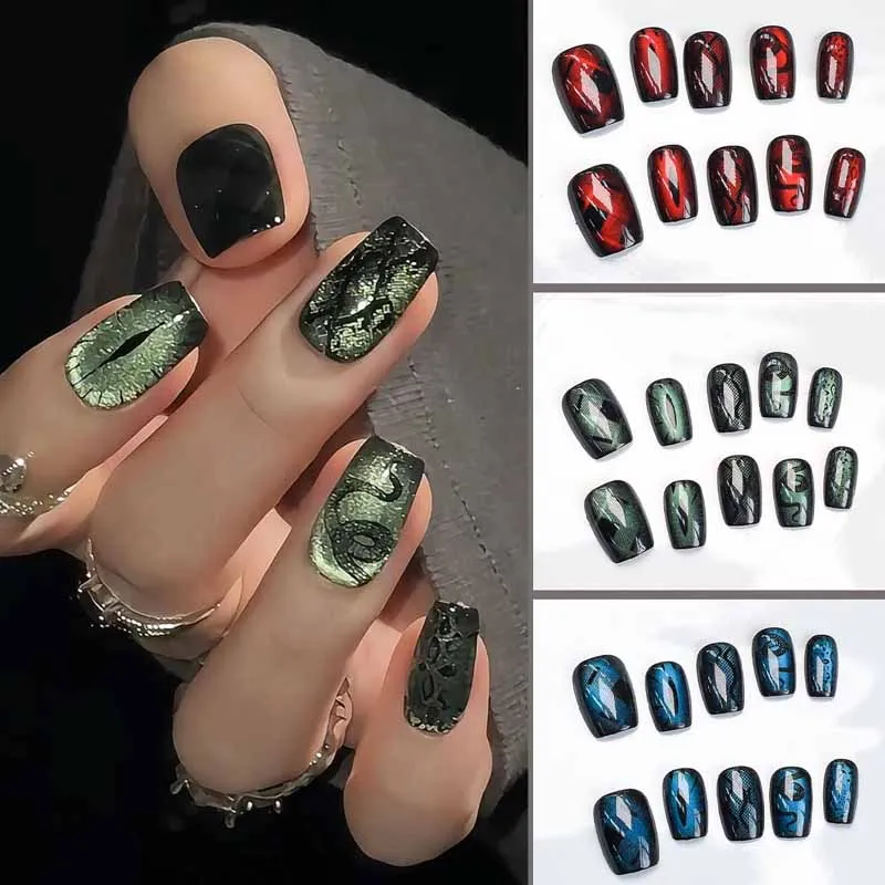 10Pcs Dark Style Cool Wind Peacock Emerald Blue Bordeaux Red Cat Eye Press On Nails Short Style French Style Nail Patch Nail Art