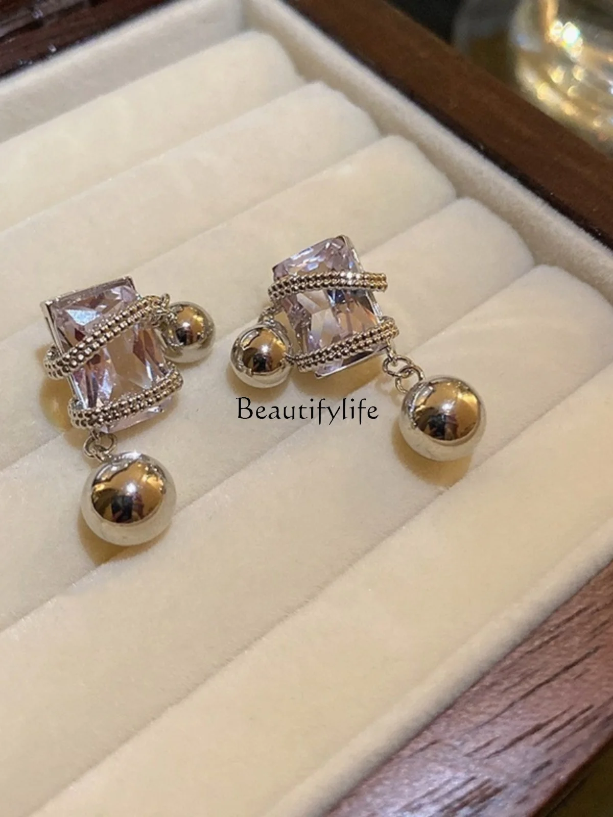 Square Diamond Chain Ball Stud Earrings Fashion Personalized Design High-Grade S925 Earrings