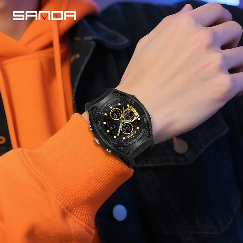 SANDA أفضل ساعة إلكترونية رياضية متعددة الوظائف جديدة للرجال مقاومة للماء كرونوغراف مضيئة LED رقمية كوارتز ساعة يد رجالي