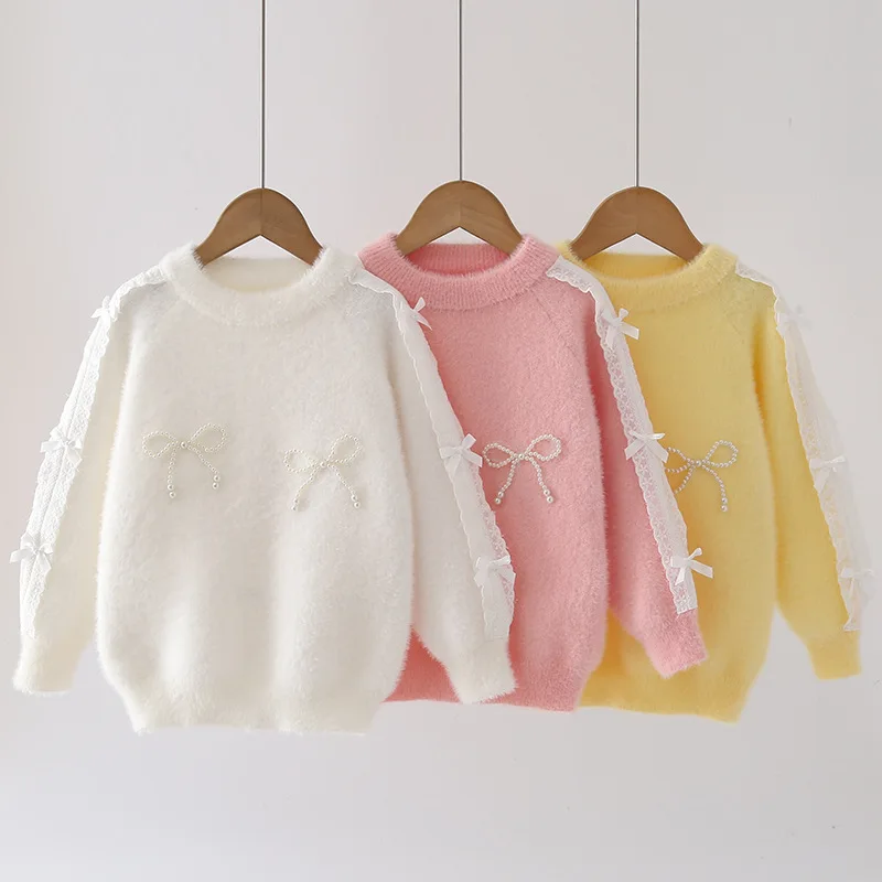 Elegant Lace Trim Long Sleeve Girl's Sweaters with Butterfly-knot Fairy-tale Princess Tiny Pearls Knit Pullover Student JY10131