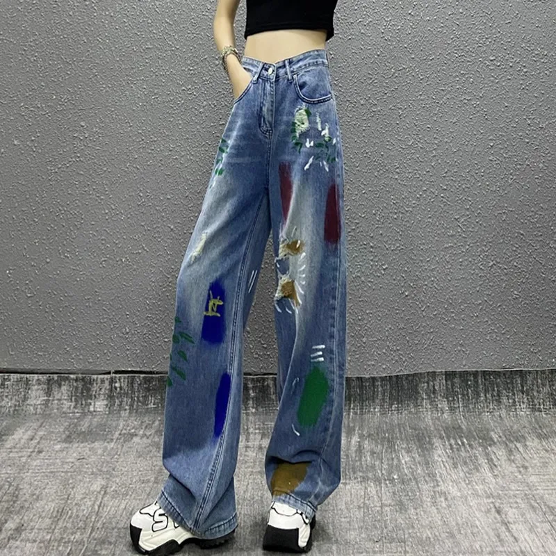 

Женские джинсы с высокой талией, с эффектом потертости и рваными элементами, летние 2026, свободные, прямые, широкие, в стиле Mop Pants, шикарный дизайн в стиле Джокер