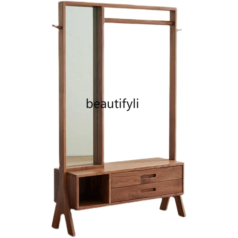 Black Walnut Solid Wood Shoe Changing Stool Clothes Rack Integrated Coat Rack with Mirror Dressing Mirror Drawer Floor Hanger