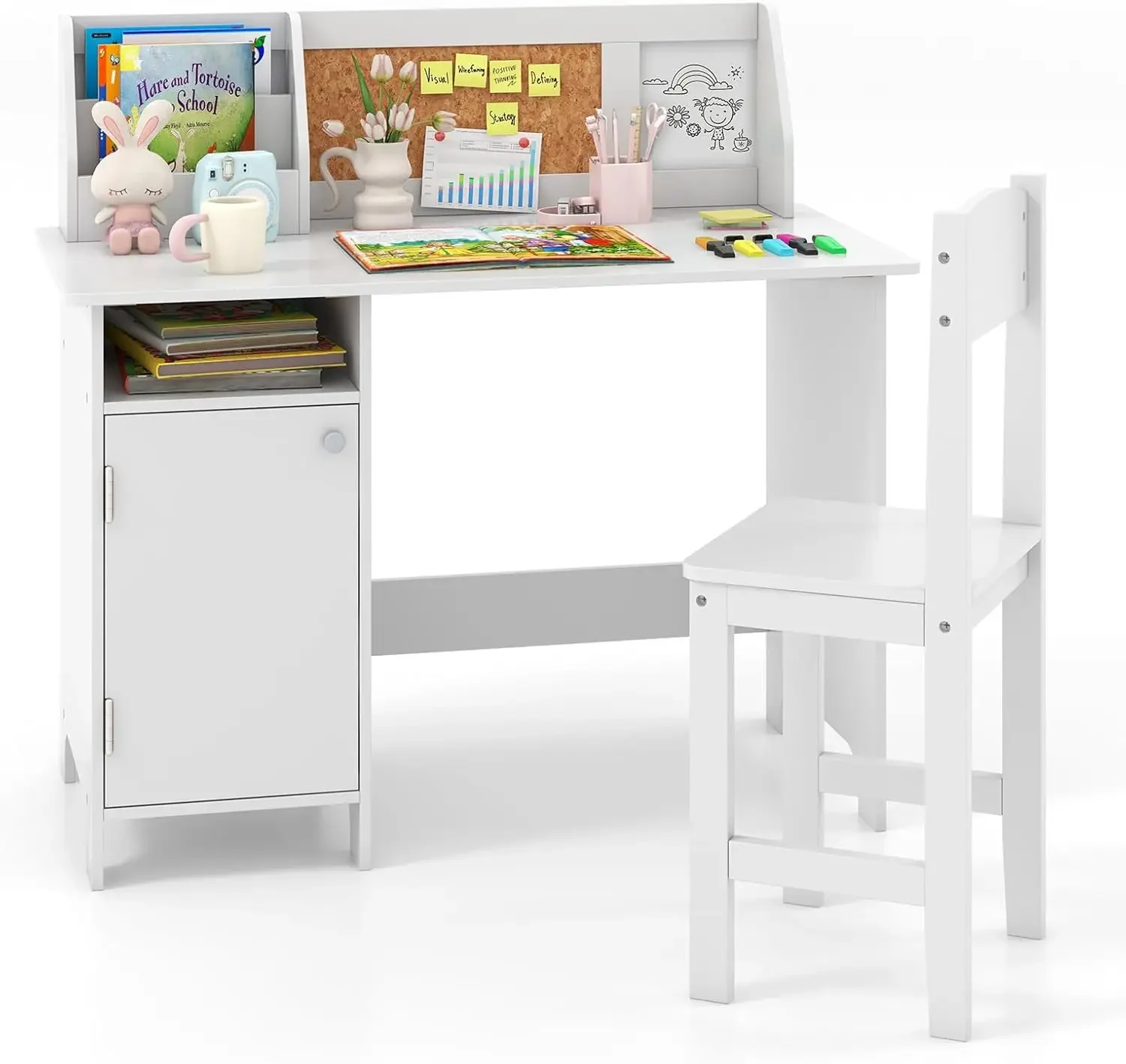 Kids Desk and Chair Set, Wooden Children Study Table with Storage, Hutch, Cork Bulletin Board, Whiteboard & Marker, Student Comp