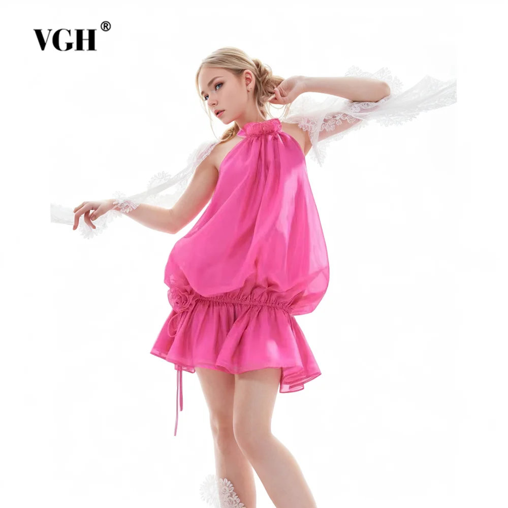 

VGH Solid Patchwork Appliques Mini Dress For Women Stand Collar Sleeveless High Waist Spliced Lace Up Casual Dresses Female New