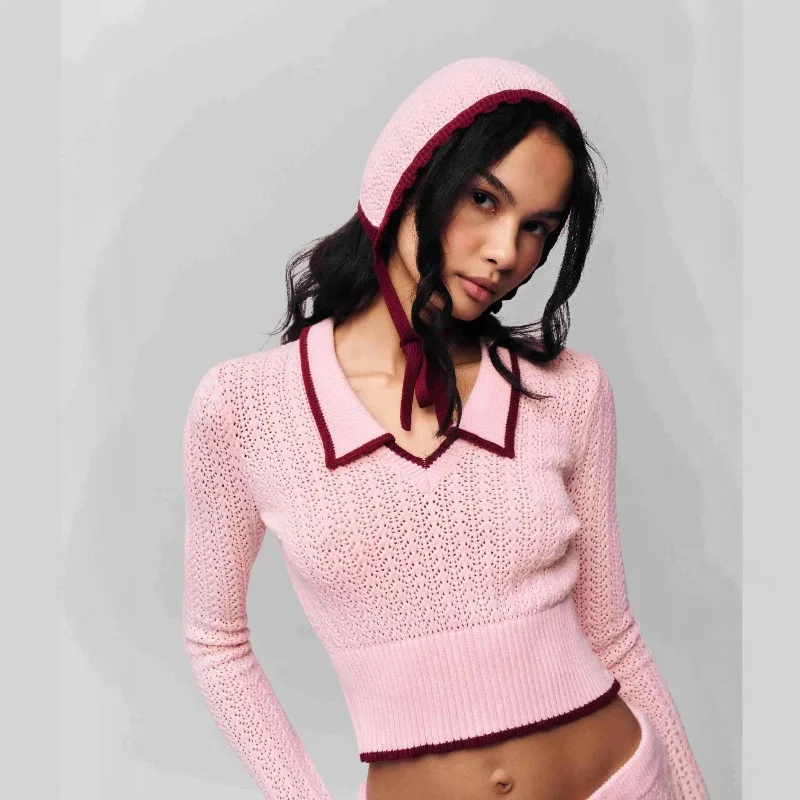 

Sweater Women Pullover European and American Fashion New Women's Sexy Hollow Lapel Top Long Sleeve Navel Short Style