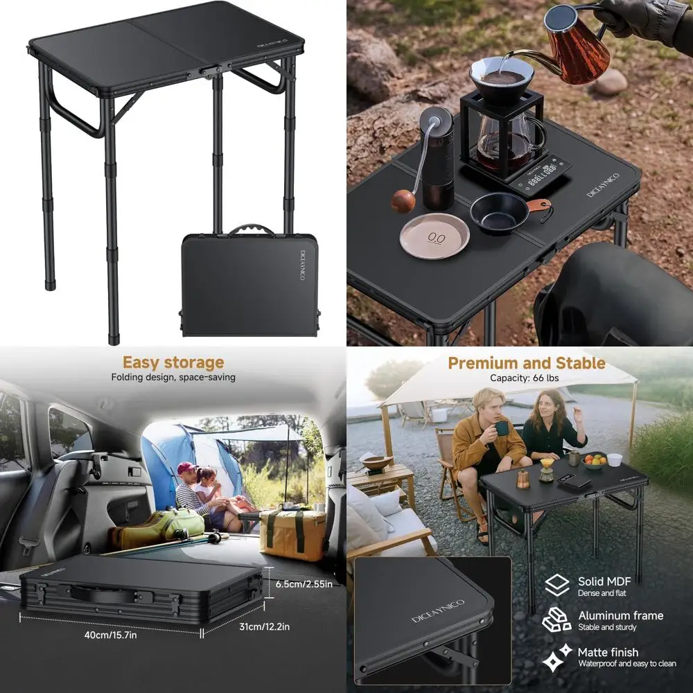 

folding camping table, 22" x 15" picnic table with 3 adjustable height max 27.5", matte black aluminum folding table with handle