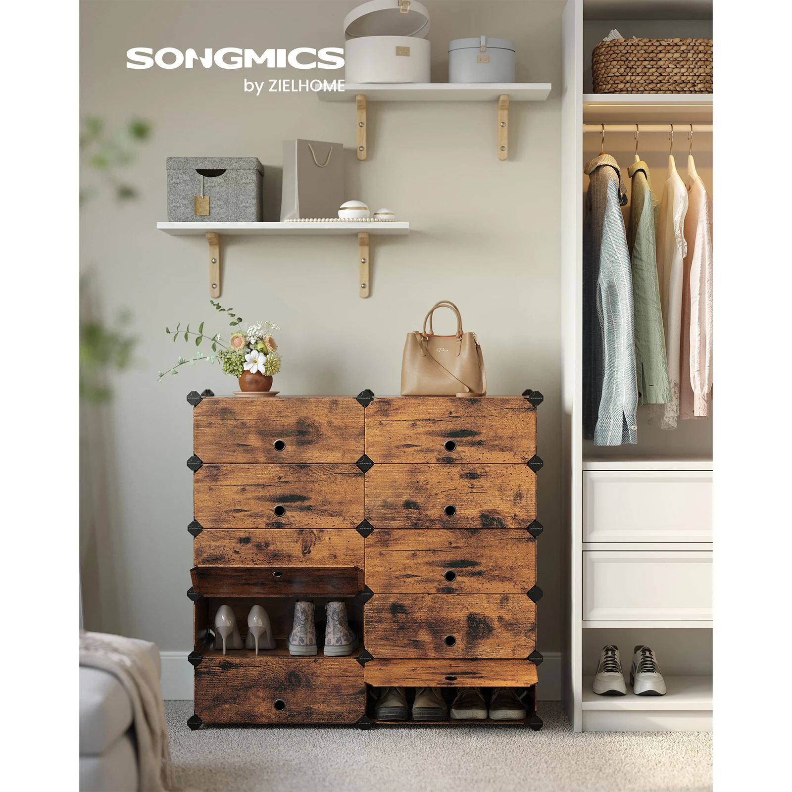 SONGMICS Interlocking Shoe Rack, 10 Slot Modular Storage Shelf, 40x30x17cm per Slot, Plastic Wardrobe with Doors, Rustic Brown