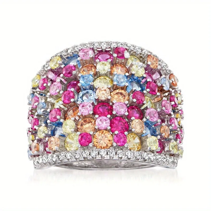 Funkelnder Vollbesetzter Mehrfarbiger Synthetischer Zirkonia Silberbeschichteter Modischer Ring für Damen Elegantes Bankett-Party-Schmuck-Accessoire