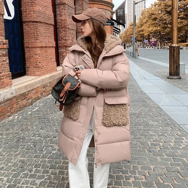 Spring and Autumn Winter Solid Color Medium Long Slim Fit Hoodie Thickened Lamb Wool Large Pocket Cotton Coat for Women