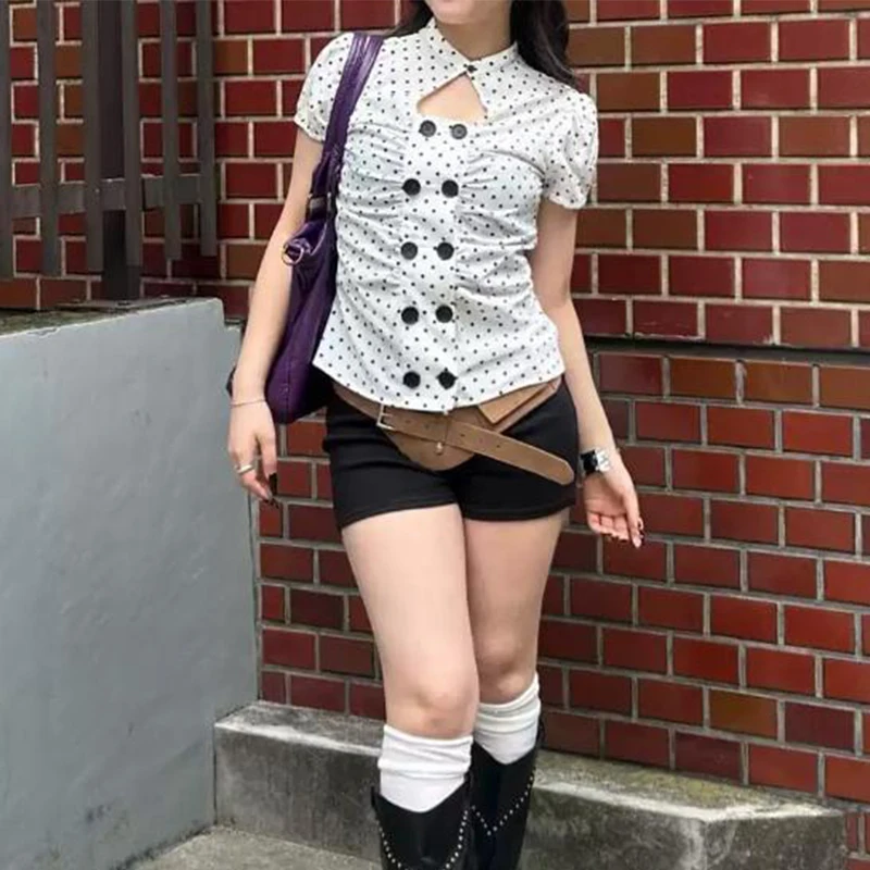 Europe and the United States sexy hollow breasted bubble sleeve short sleeve female summer new slim Joker T-shirt Y2k Style
