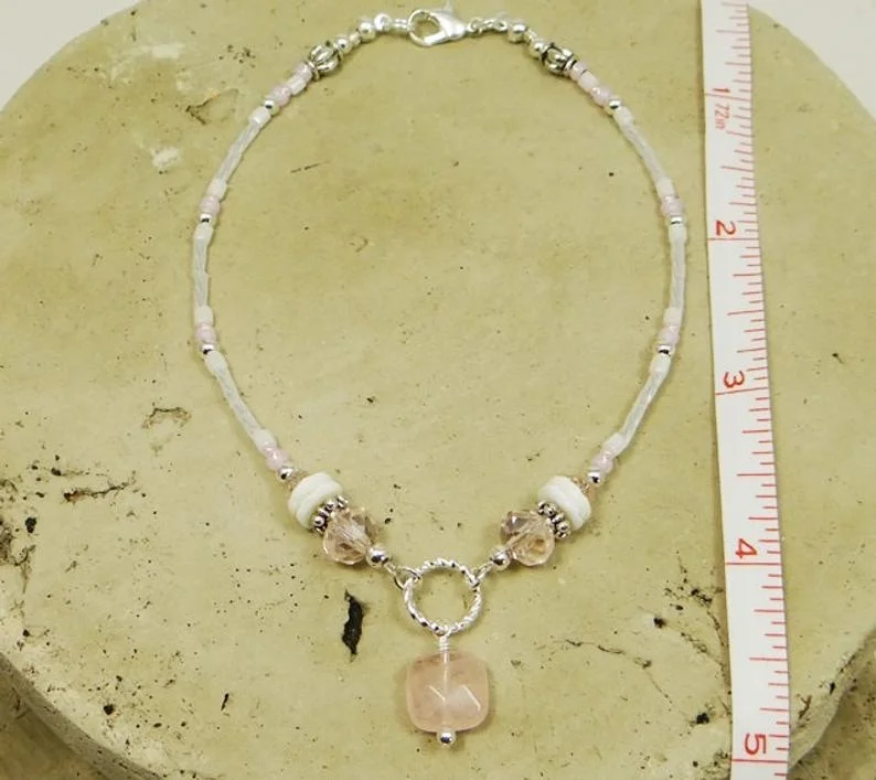 Anklet, Ankle Bracelet, Pink Anklet, Rose Quartz, Sea Shell Anklet, Beach Anklet, Beaded Anklet, Gift for Her, Cruise Jewelry