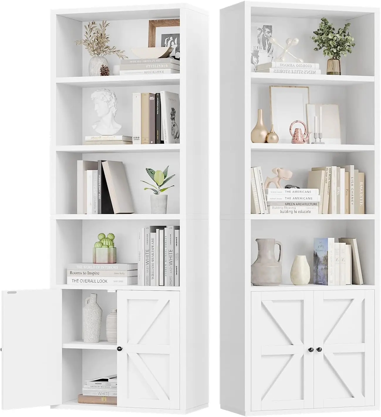

6 Tier Bookshelves and Bookcase with Doors Industrial Set of 2 Double Wide Floor Standing Book Shelf 71" Tall Display Sh