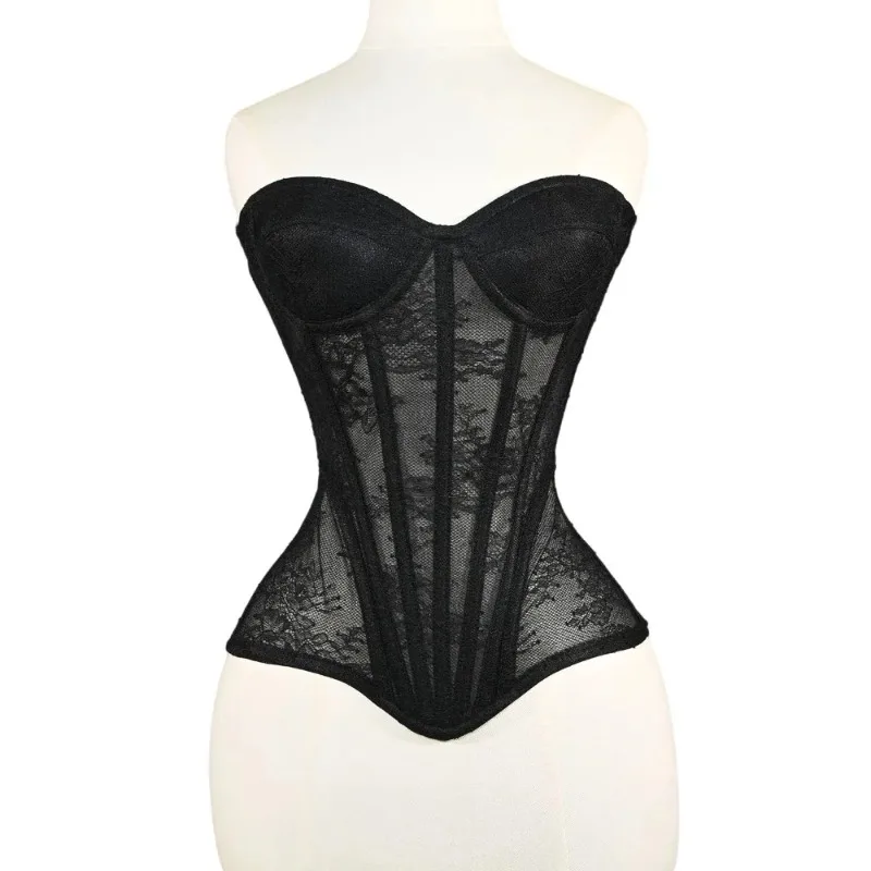 

Floral Lace Strapless Bustier Sexy Corset Crop Top Steel Boned Transparent Push Up Tops for Women Party Bodycon Wear