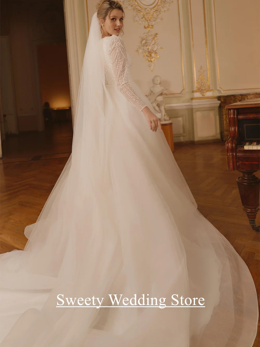 فساتين زفاف سعودية ذيل قابل للانفصال مخصص رقبة مستديرة وأكمام طويلة مطرز بالخرز سويب تراين حورية البحر فستان زفاف