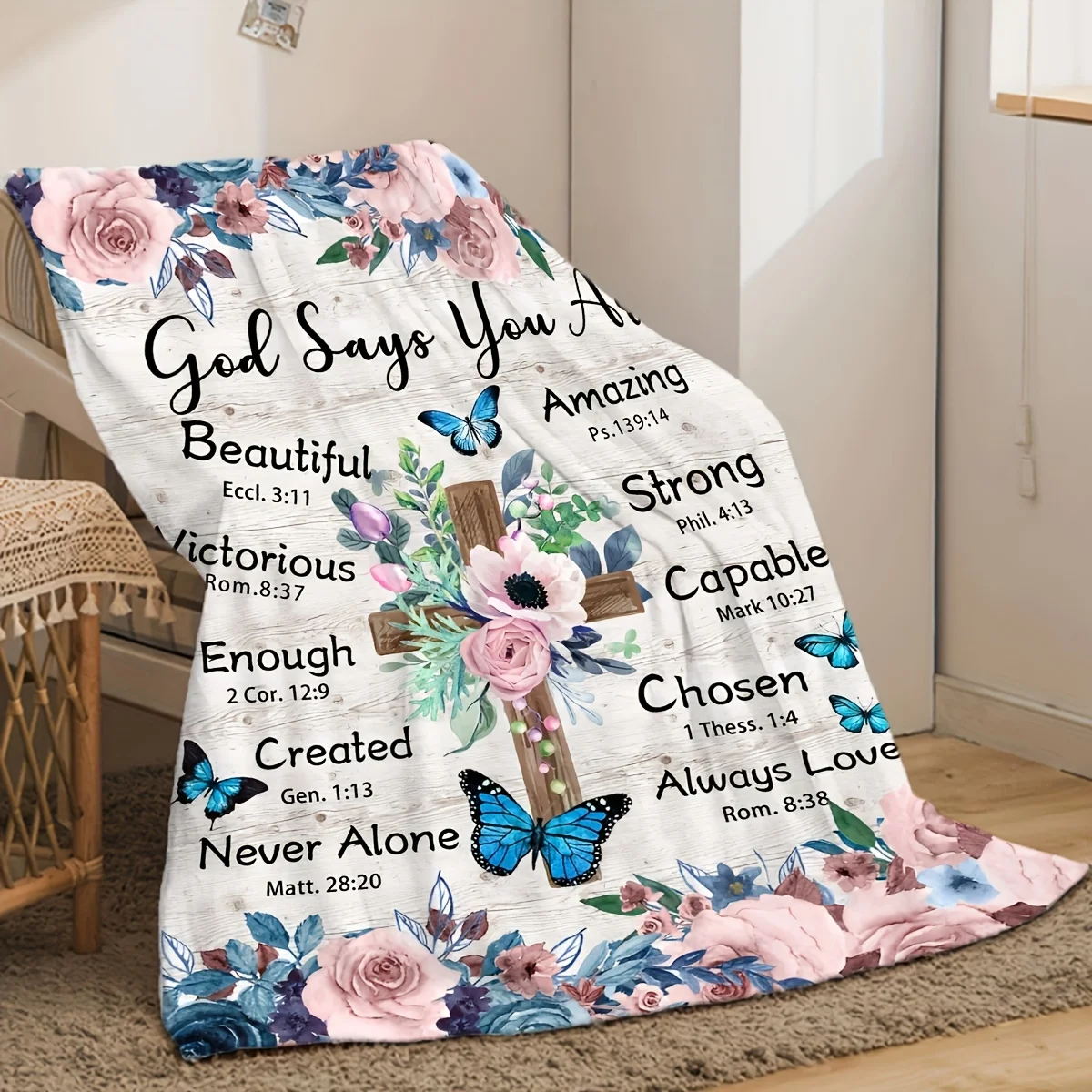 1pc Inspirational Floral Cross Print Blanket - Soft Flannel, All-Season Comfort, Machine Washable, Ideal for Travel, Sofa, Bed,