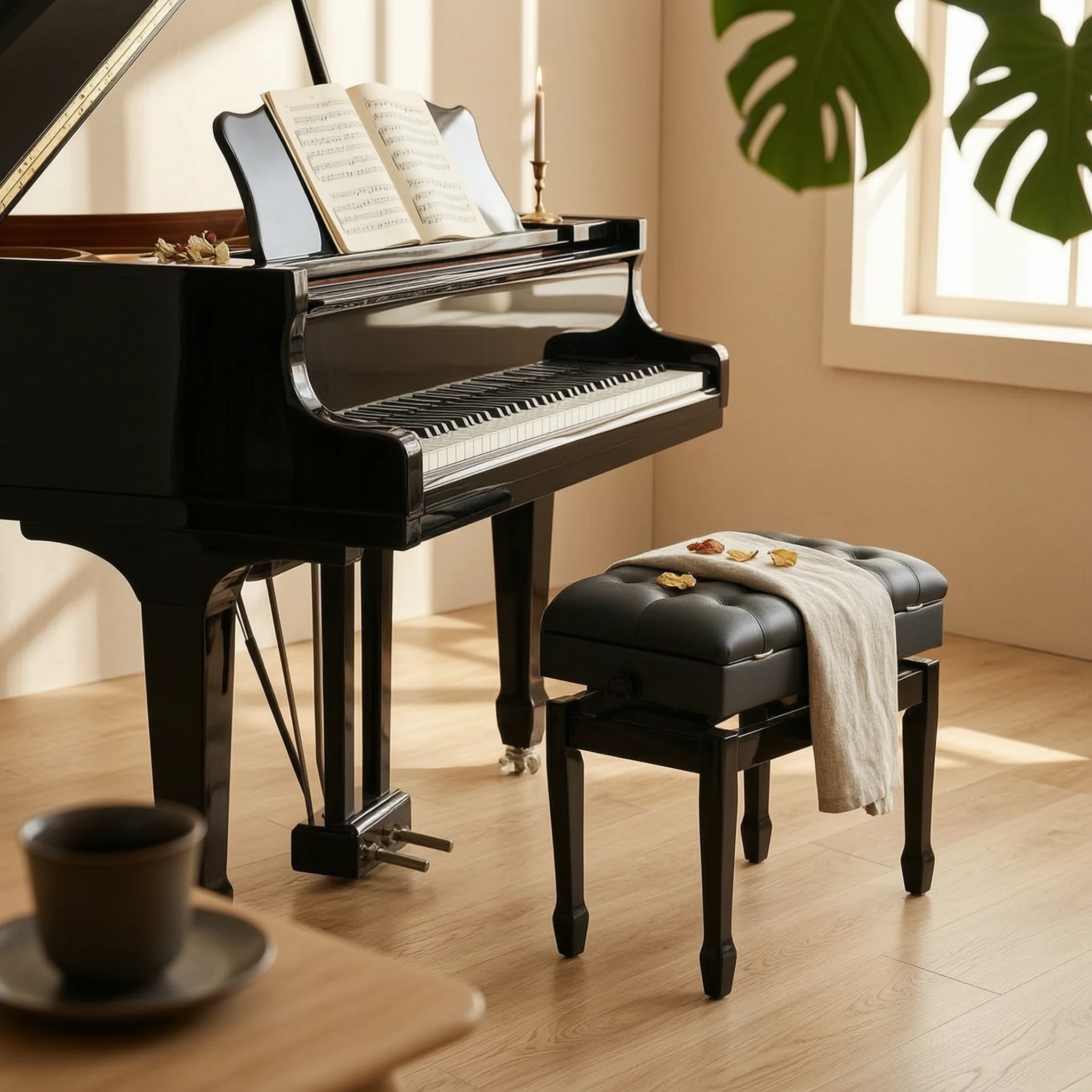 Keyboard Piano Bench Height Adjustable with Storage Tufted Seat Heavy Duty Music Bench for Piano Students