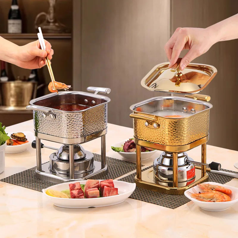 

Gold Silver Hammer Print Square Home Cooking Pot Single Hot Pots Inflatable Gas Stove Small Hotpot Professional Kitchen Pots