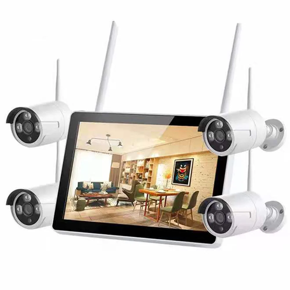 Sistem CCTV H.265 3MP Keamanan Rumah Luar Ruangan Nirkabel 4CH Tuya WiFi Nvr Kit Dengan LCD 10 inci