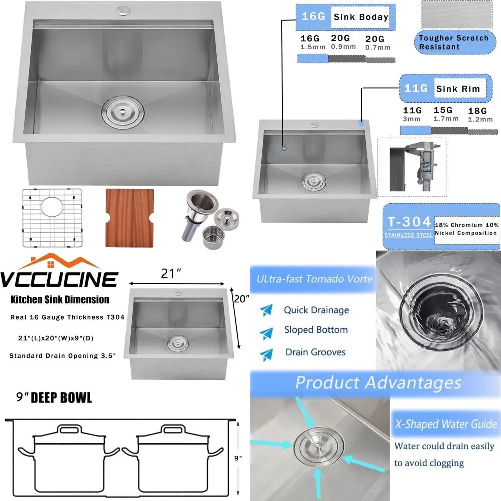 

Stainless Steel RV Kitchen Sink, 21x20 Inch Topmount Drop-in, 16 Gauge Laundry Wet Bar Sink for Small Spaces