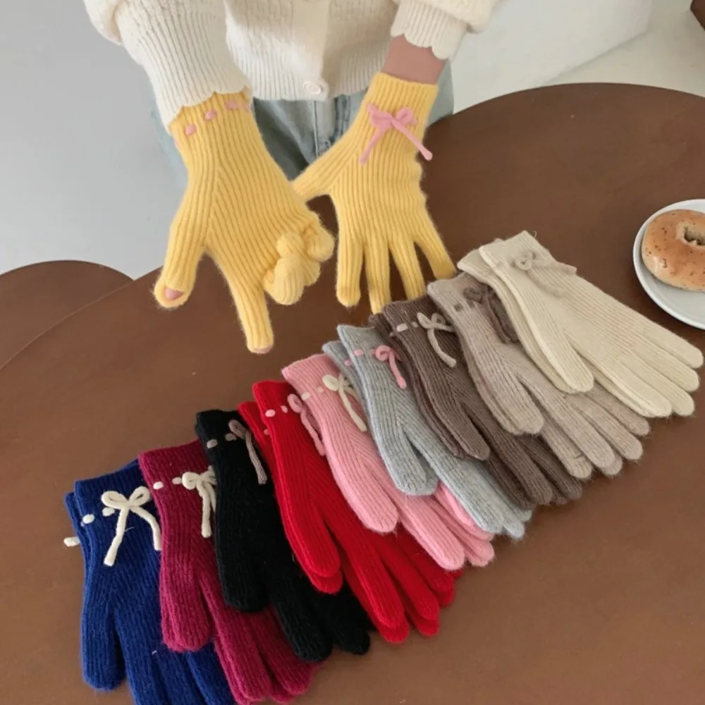 Polyester Knitted Woolen Gloves Fashion Bow Knot Solid Color Riding Split Finger Gloves Thick Warm Gloves