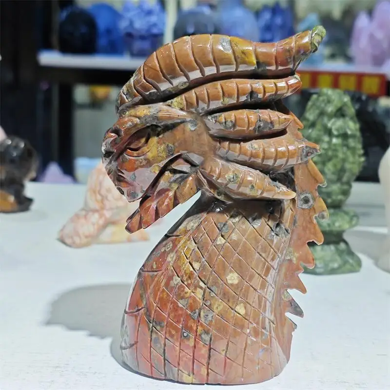 Natural Ocean Jasper Dragon Head Carving Healing Crystal Gemstone Collectible Home Decoration Gift 1PCS