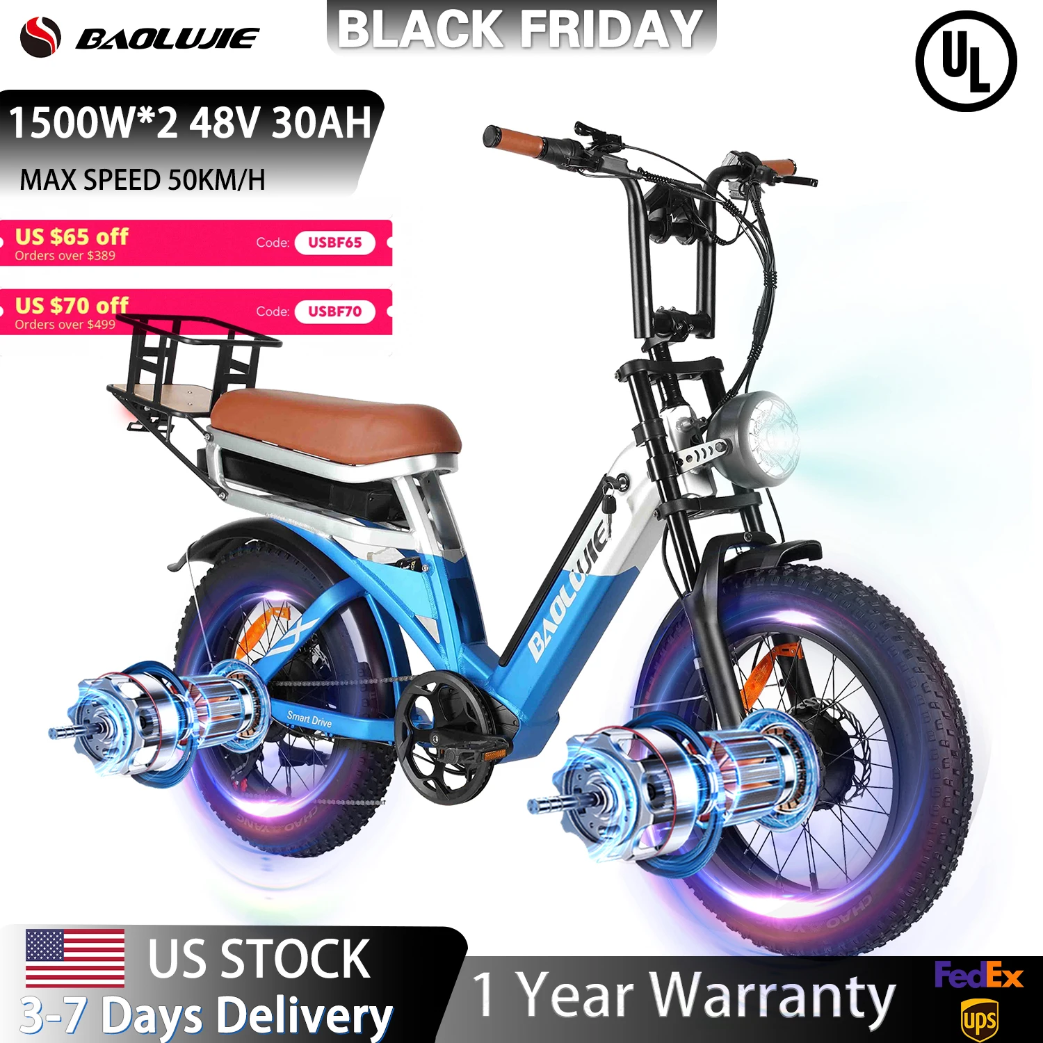 

【1 Year Warranty】BAOLUJIE 2033 2000W Dual Motor Ebike Electric Bike for Adults 48V 30AH Battery Electric Bicycle Hydraulic brake