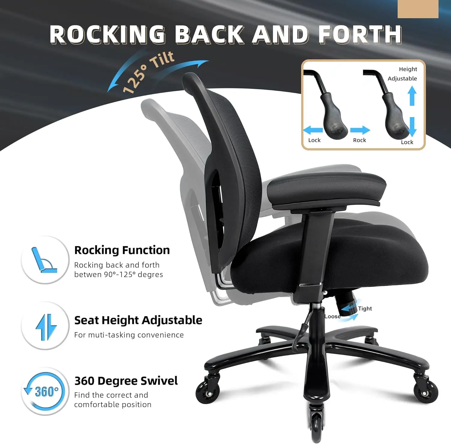 Silla de oficina grande y alta de 500 libras: silla de escritorio ergonómica de malla, resistente, lumbar ajustable, base de metal, negro