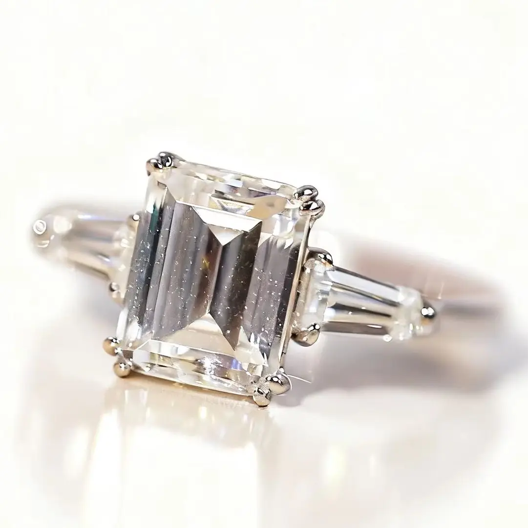Thick Rhodium Plated  925 Sterling Silver With Emerald Cut Large Zirconia Three-Stone Ring with Baguette Side Stones