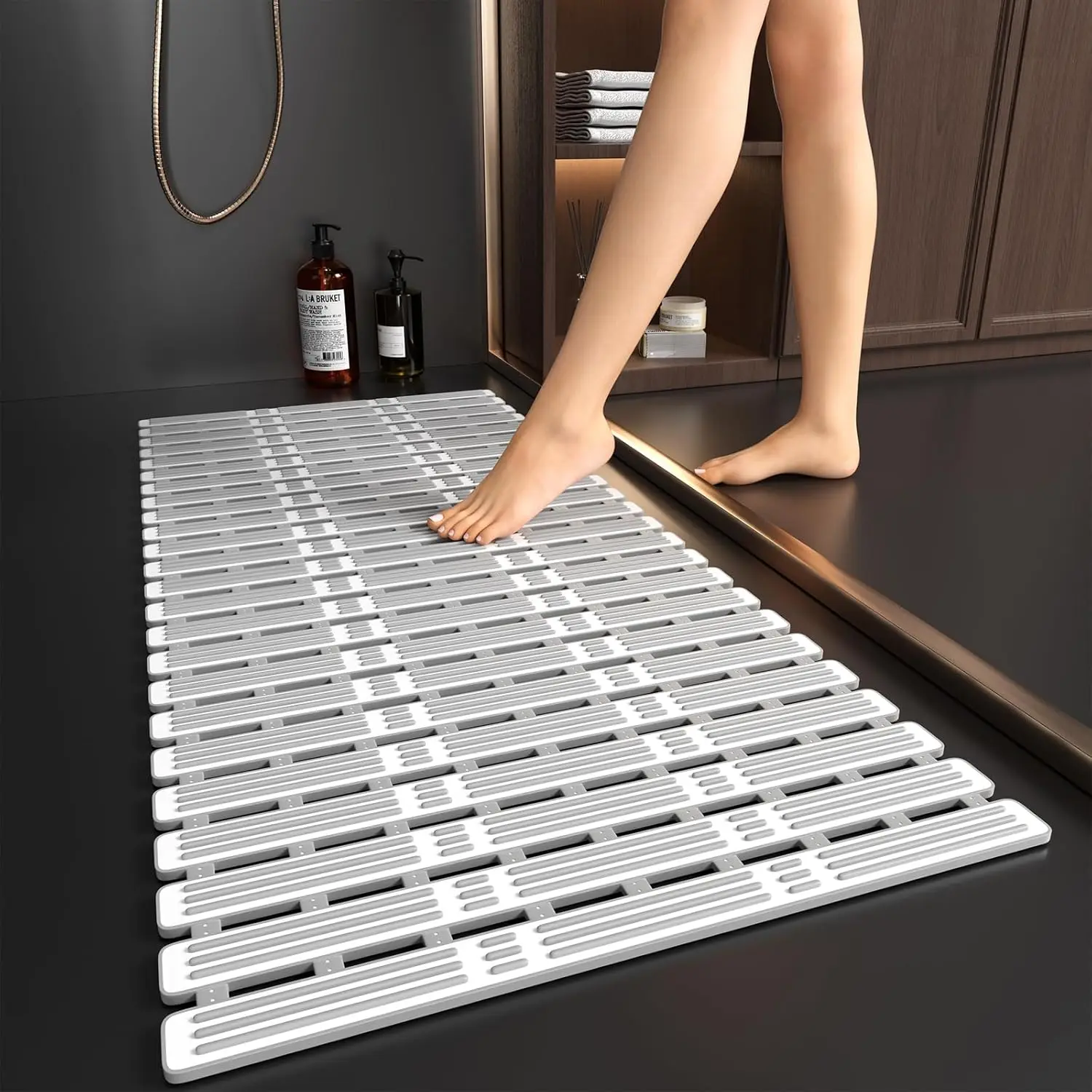 

Non-Slip Shower Mat for Tub, 36x16 Inch TPE Bath Mat with Suction Cups, Easy to Cut, Grey