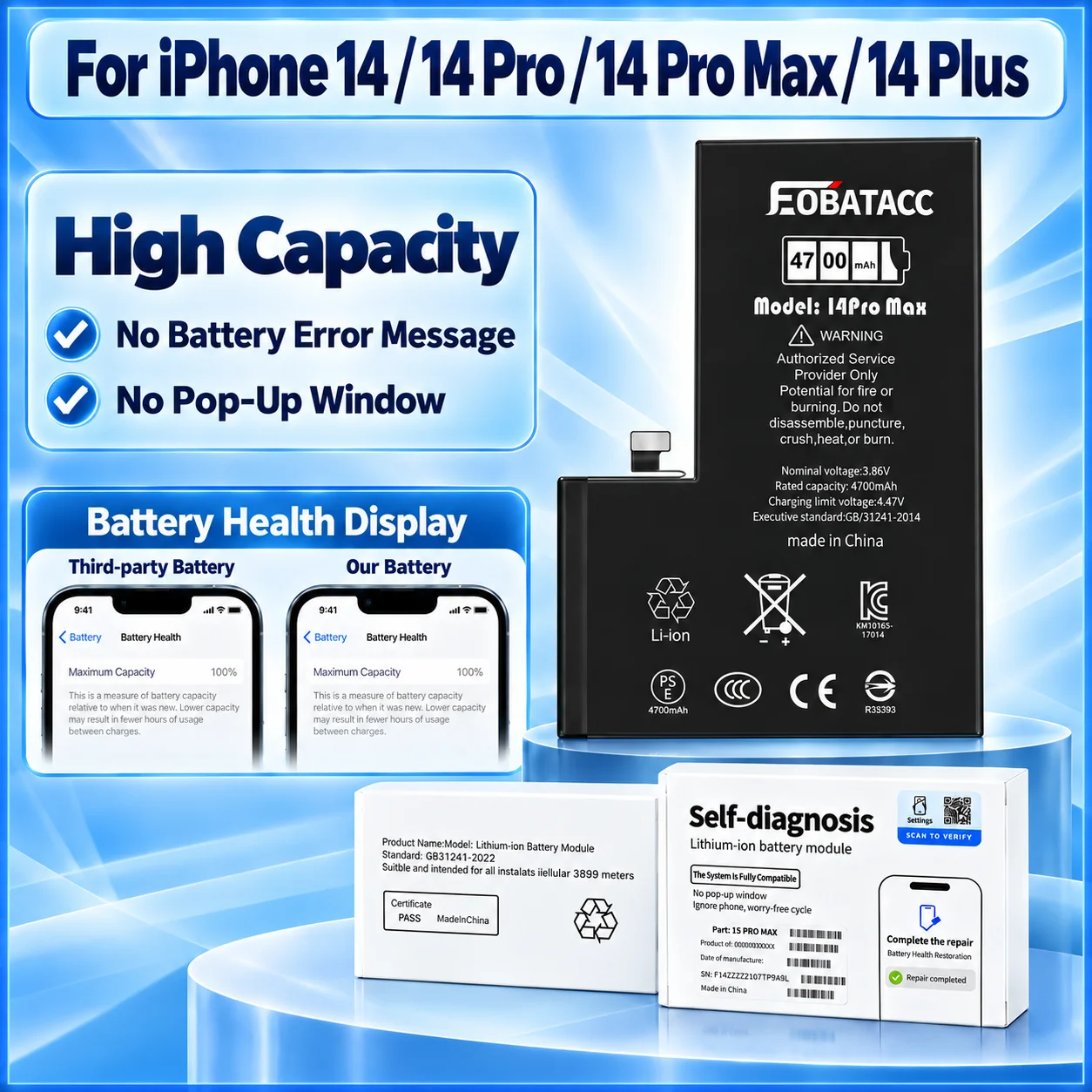 EOBATACC Diagnostic Battery Genuine Part Popup Message for iPhone 14 Pro Max 14 Plus 14 Pro Battery Replacement