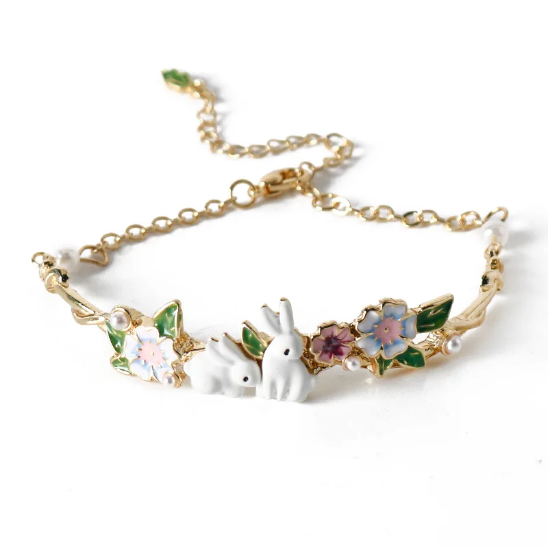 

Cute Rabbit Flower Charms Bracelets for Women Korean Style Animal Pearl Chain Bracelet Adjustable Bangle Jewelry Accessories