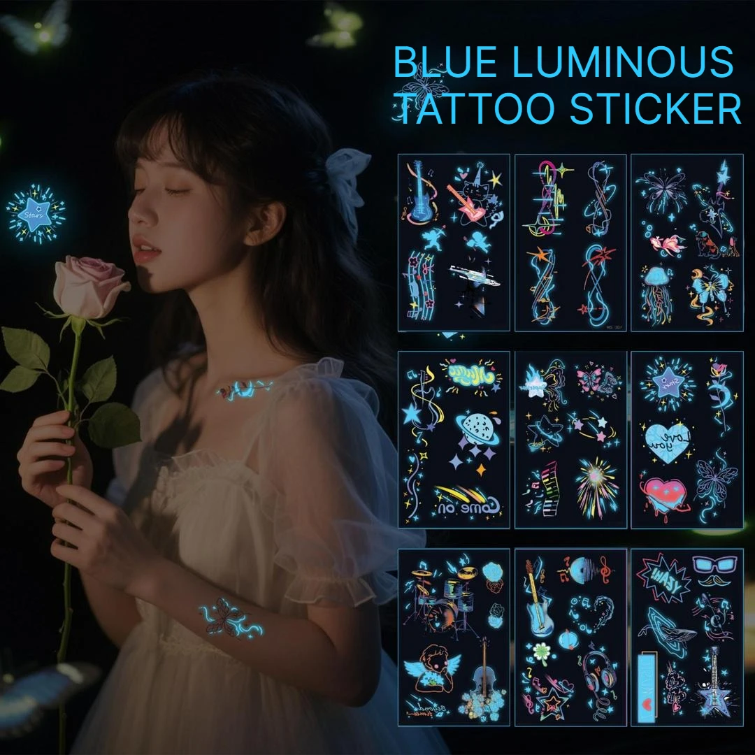 A 6/9pcs Luminous Temporary Tattoos Stickers UV Neon Fluorescent Glow in the Dark For Body Face Tattoo Stickers Party Accessorie