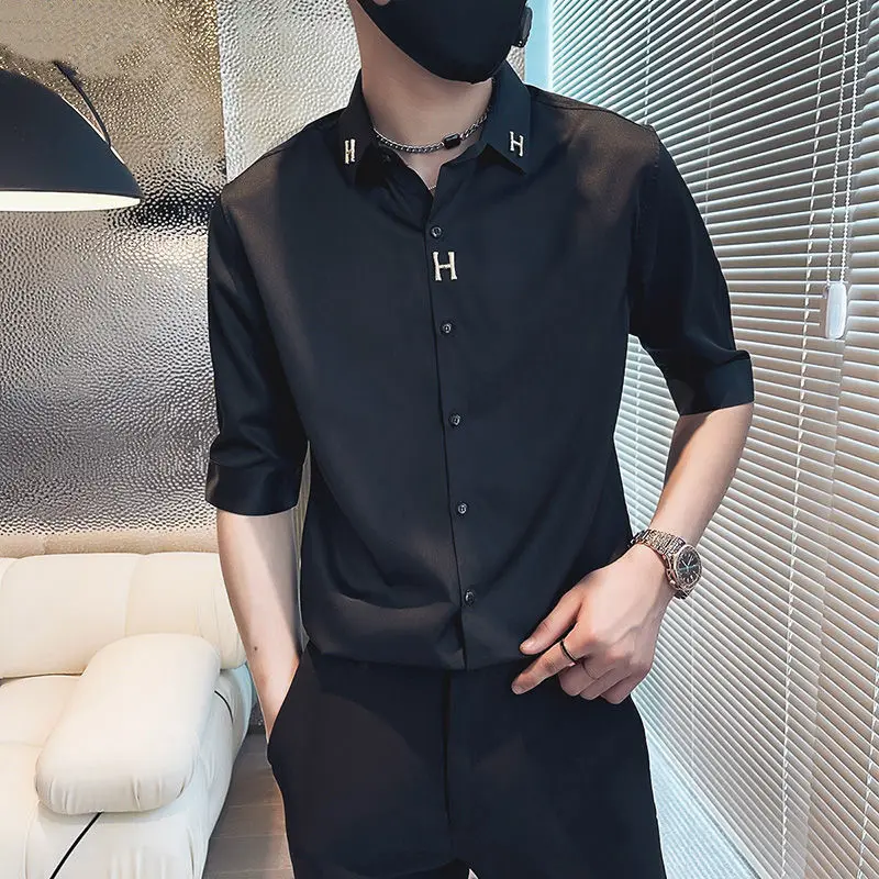 Summer New Fashion Solid Color Top Menswear Trend Letter Half Sleeve Button Lapel Loose Casual Simple Commuter Versatile Shirt