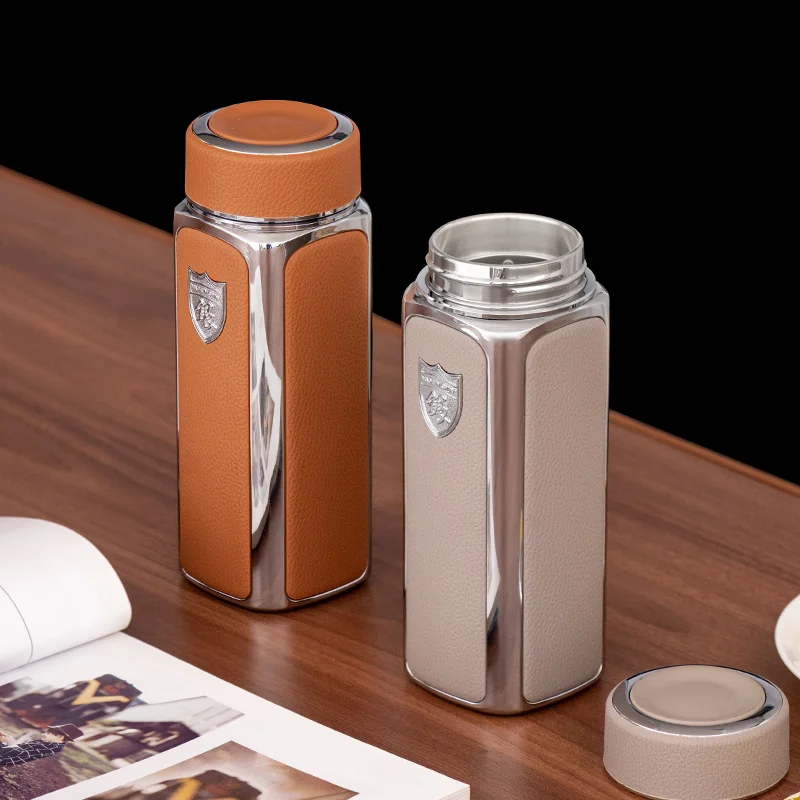 Sterling silver thermos cup men's and women's 999 silver inner leather print high-grade business cup leather print silver water