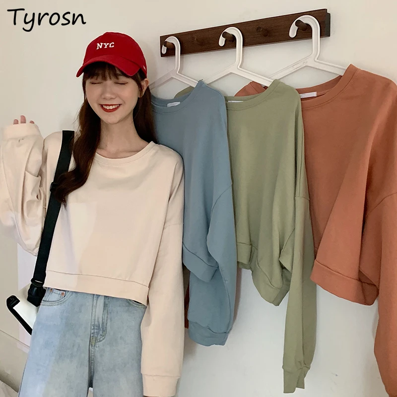 

Women Cropped Sweatshirts Korean O-neck Hoodies Students Preppy Style Sweet Girls Simple Outwear No Hat Hoodied Feminine Chic