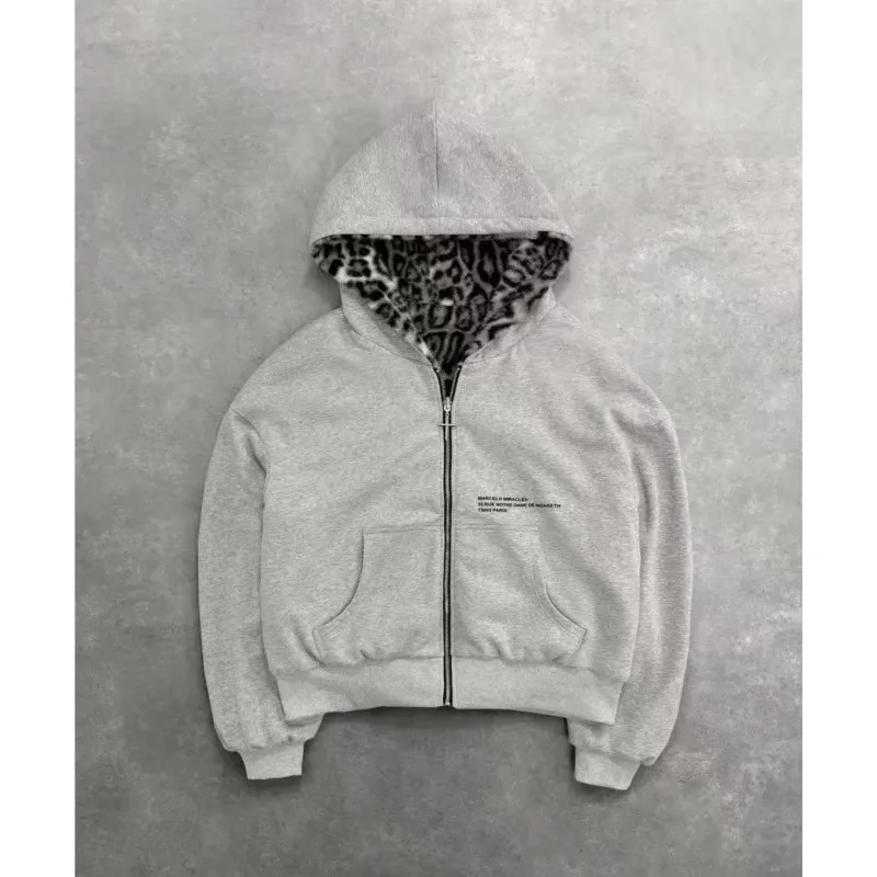 Street Hipster Hooded Fleece 2025 Autumn / Winter Both Sides Can Wear Leopard Restoring Ancient Ways Zipper Hoodie Pocket Blouse