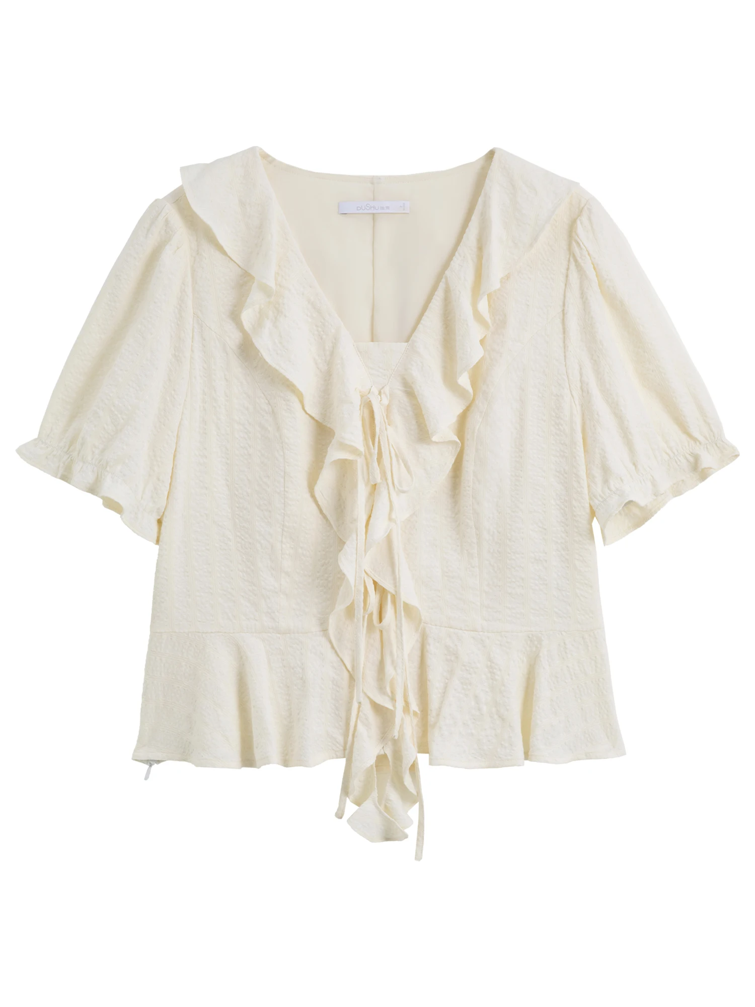 DUSHU حجم كبير المرأة الفرنسية تكدرت بلوزة وتنورة مجموعة 2025 صيف جديد وصول المألوف قطعتين 25DS82240 + 25DS82293