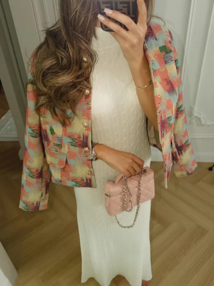 Butterfly Floral Print Cropped Jacket Stand Collar Gold Button Long Sleeve Pockets Vintage Short Outerwear 2026 Lady Retro Coat