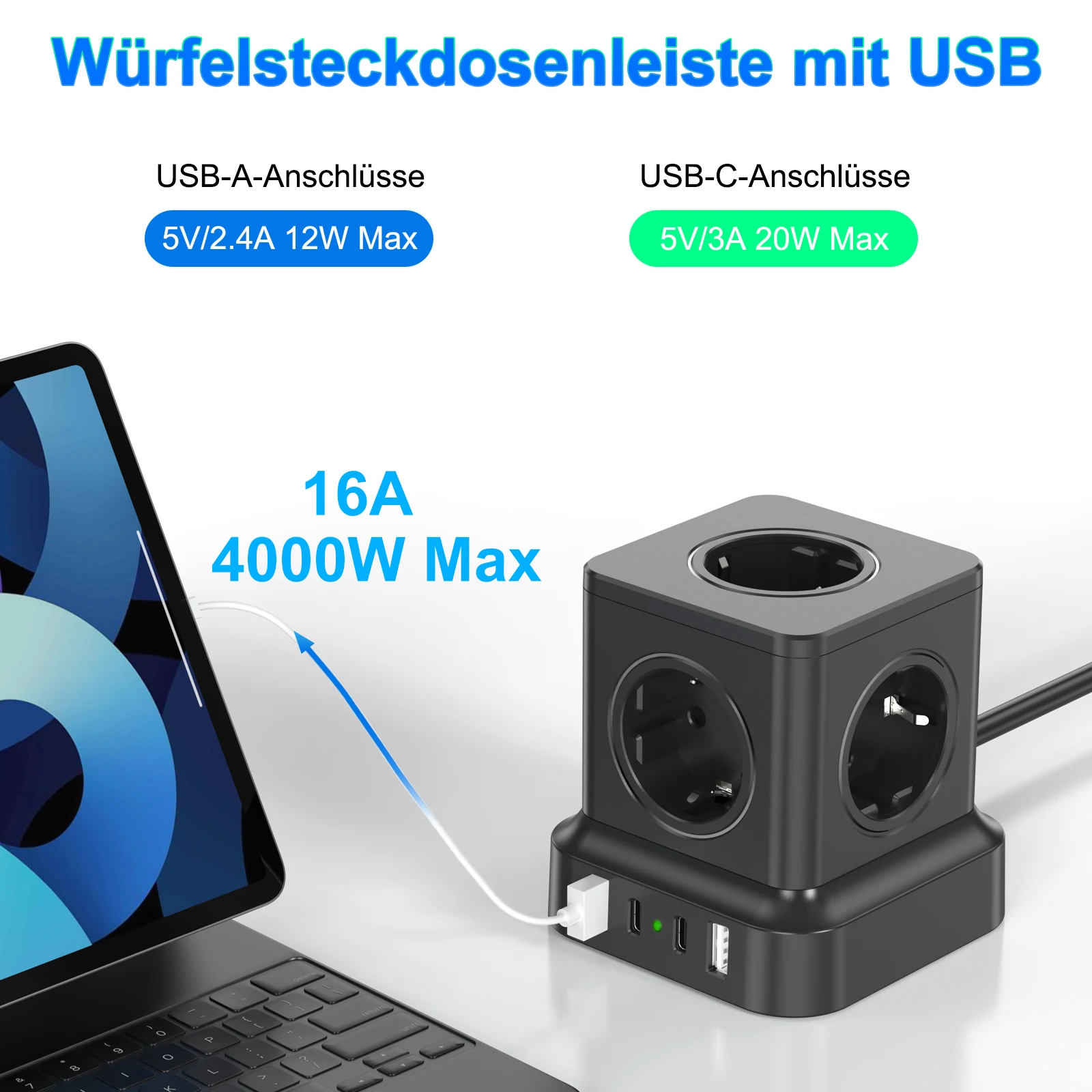 European Desktop Power Strip Tower Fast Charging Station with 2 USB-C 2 USB-A, Power Socket Surge Protector with 1.8m Cable