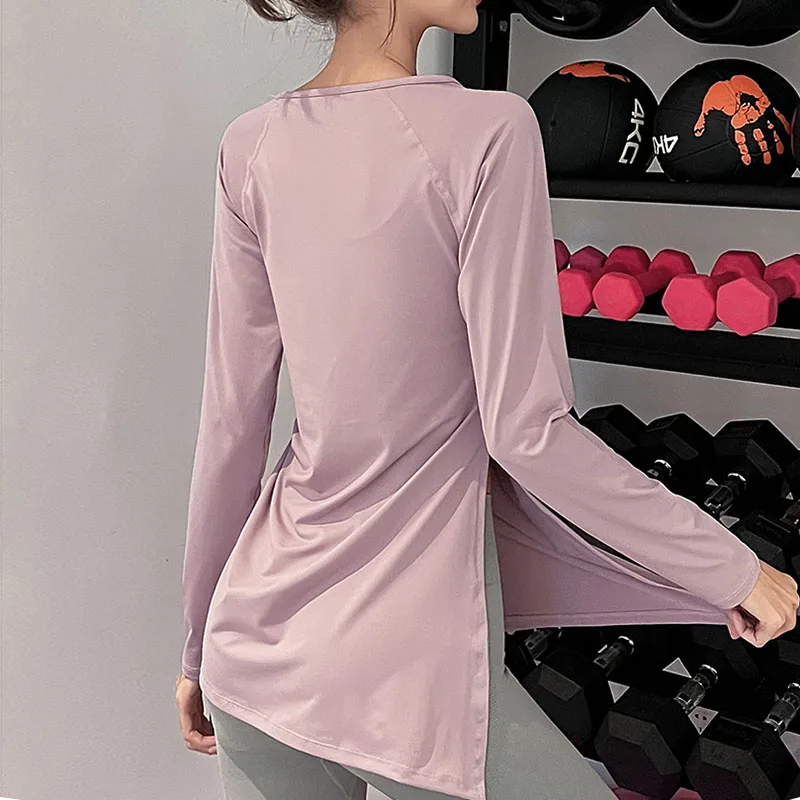 Long Sleeve Sports Shirts Yoga Top Side Pleated Slit Long Shirt Women Fitness Loose Blouse Workout Running Sportswear Gym Outfit