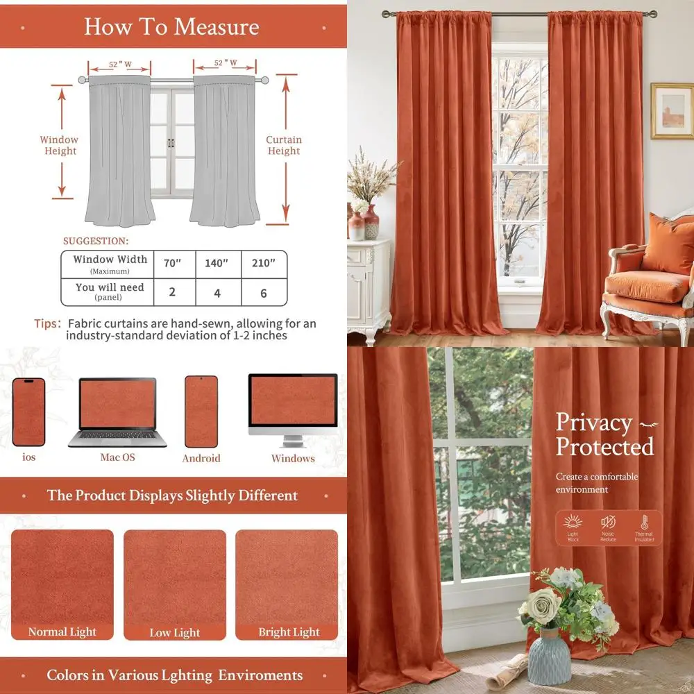 

120 теракотовых бархатных штор для гостиной — изолированные, затемняющие, шумопоглощающие, с задним язычком и карманом для стержней, 2 панели, 52x1