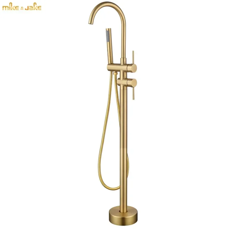 Gold brush round Bathtub stand mixer brass hand shower double function bathtub floor faucet set deck mounted bath shower faucet