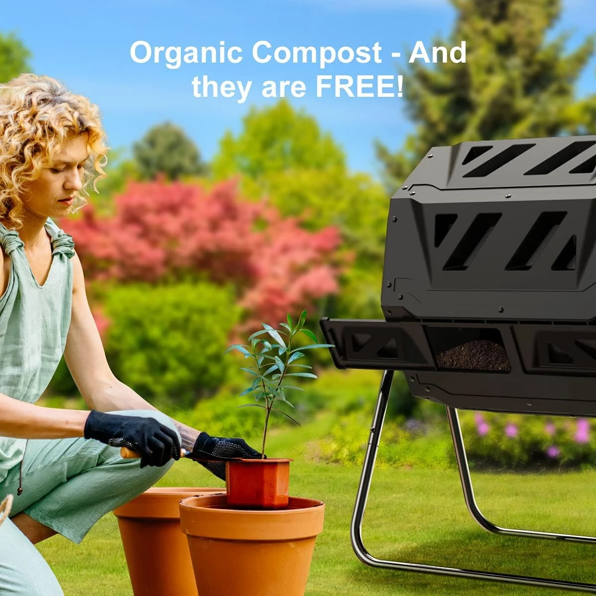 Outdoor Compost Tumbler Bin Dual Chamber Rotating Composting Container Fast Soil Creation Garden Lawn Kitchen Organic Waste Maker Heavy Duty Weather Resistant Black 1 Pack