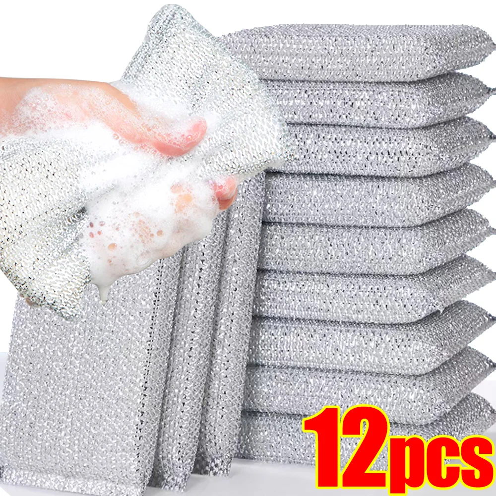 12/4Pcs Double Sided Dishwashing Sponge Silver Wire Cleaning Rags Wipe Pan Pot Dish Wash Thickened Scouring Cloth Kitchen Tools