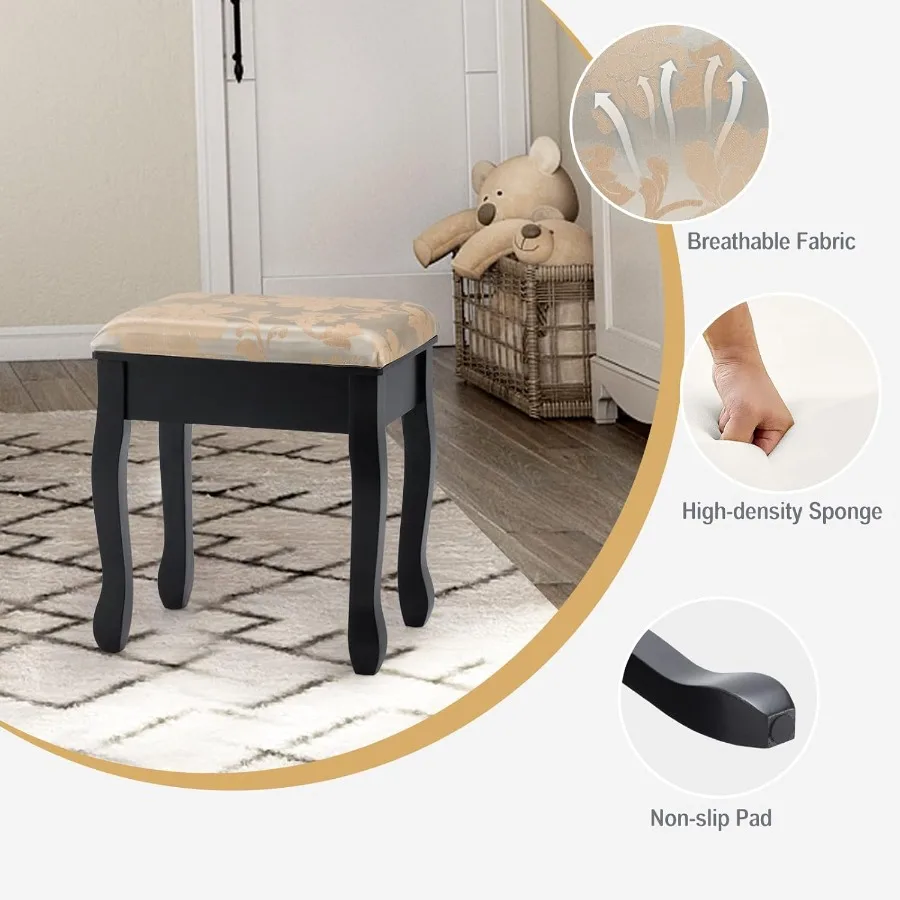 COSTWAY Juego de tocador con espejo y taburete acolchado con 5 cajones de almacenamiento, elegante tocador de maquillaje para dormitorio U