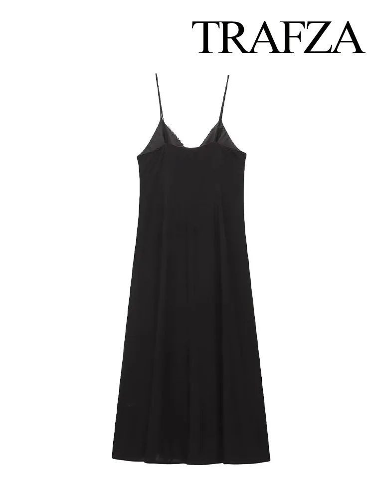 

TRAFZA Women's Summer Fashion Sexy V-neck Embroidered Midi Long Dress Female Elegant Seaside Vacation Backless Sleeveless Dress